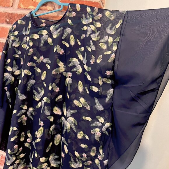 Sheer Layering Blouse - Navy with Feather Print (Green/Blush) - Spring Layering - Picture 3 of 9